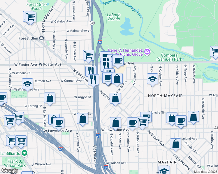 map of restaurants, bars, coffee shops, grocery stores, and more near 5033 North Elston Avenue in Chicago