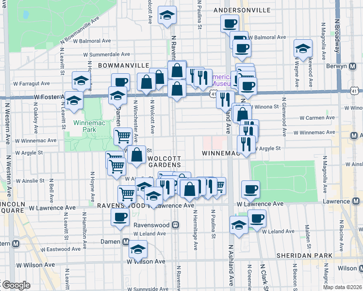 map of restaurants, bars, coffee shops, grocery stores, and more near 1763 West Winnemac Avenue in Chicago