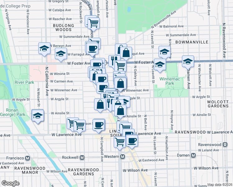 map of restaurants, bars, coffee shops, grocery stores, and more near 2423 West Winnemac Avenue in Chicago