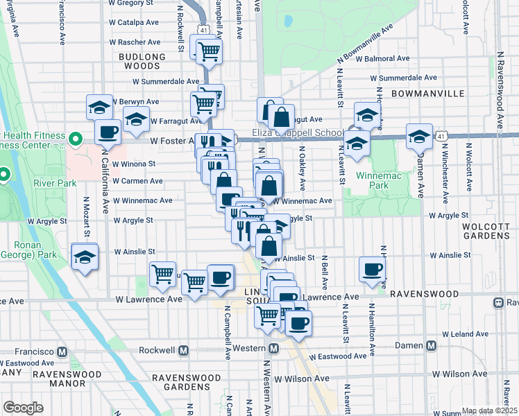 map of restaurants, bars, coffee shops, grocery stores, and more near 2423 West Winnemac Avenue in Chicago