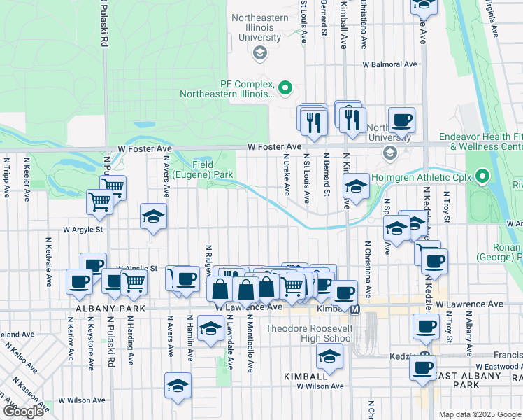 map of restaurants, bars, coffee shops, grocery stores, and more near 5030 North Central Park Avenue in Chicago
