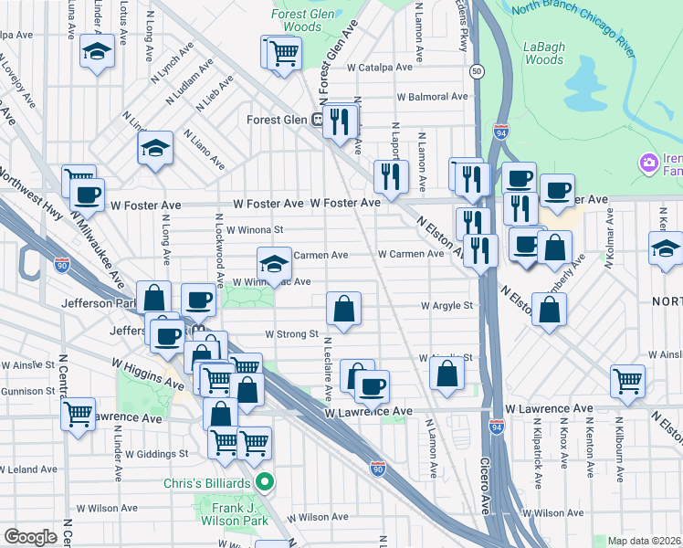 map of restaurants, bars, coffee shops, grocery stores, and more near 5047 West Carmen Avenue in Chicago