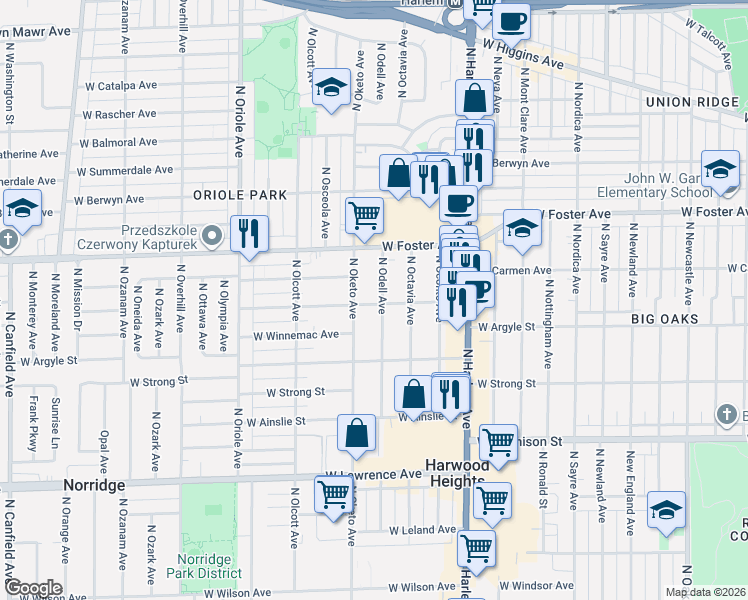 map of restaurants, bars, coffee shops, grocery stores, and more near 5115 North Oketo Avenue in Chicago