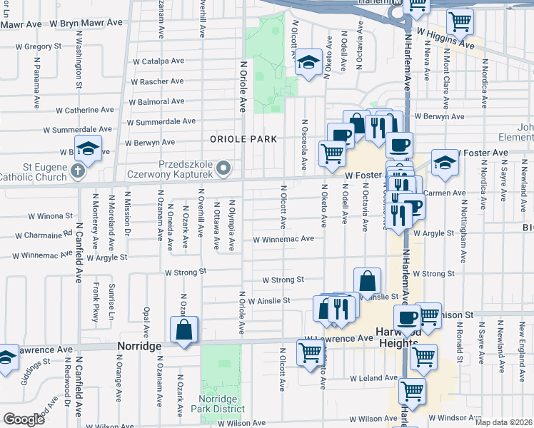 map of restaurants, bars, coffee shops, grocery stores, and more near 7529 West Winona Street in Harwood Heights