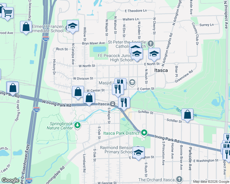 map of restaurants, bars, coffee shops, grocery stores, and more near 116 West Center Street in Itasca