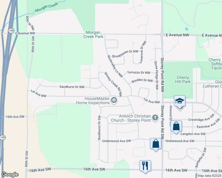 map of restaurants, bars, coffee shops, grocery stores, and more near 127 Rock Ridge Road Northwest in Cedar Rapids