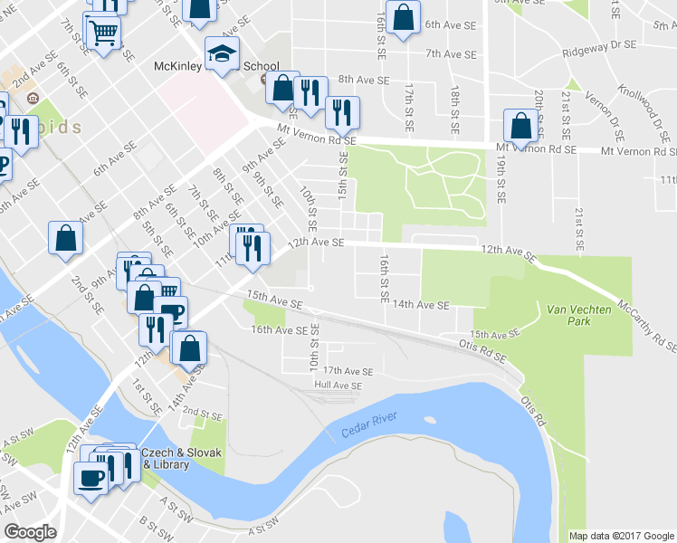 map of restaurants, bars, coffee shops, grocery stores, and more near 1201 15th Street Southeast in Cedar Rapids