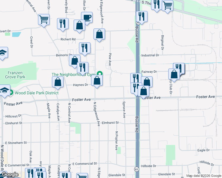 map of restaurants, bars, coffee shops, grocery stores, and more near 17W149 Hawthorne Avenue in Bensenville