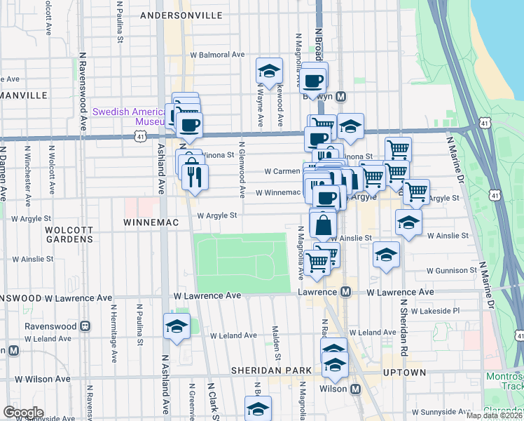 map of restaurants, bars, coffee shops, grocery stores, and more near 1318 West Argyle Street in Chicago