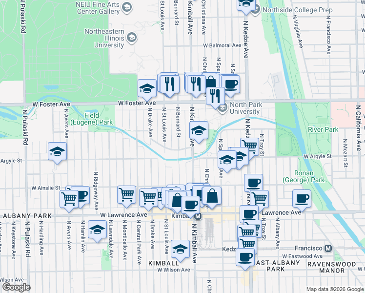 map of restaurants, bars, coffee shops, grocery stores, and more near 3410 West Carmen Avenue in Chicago