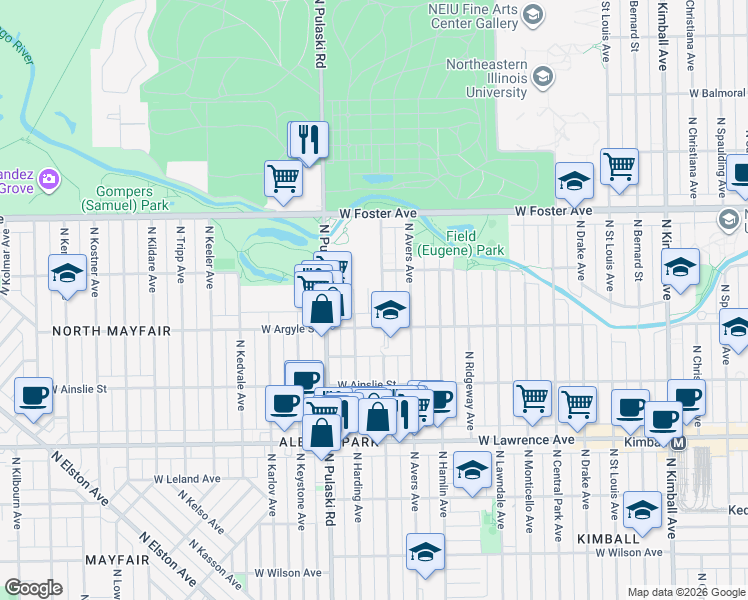 map of restaurants, bars, coffee shops, grocery stores, and more near 5034 North Springfield Avenue in Chicago