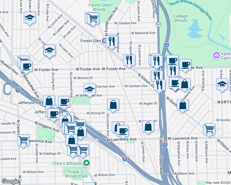 map of restaurants, bars, coffee shops, grocery stores, and more near 5047 West Carmen Avenue in Chicago