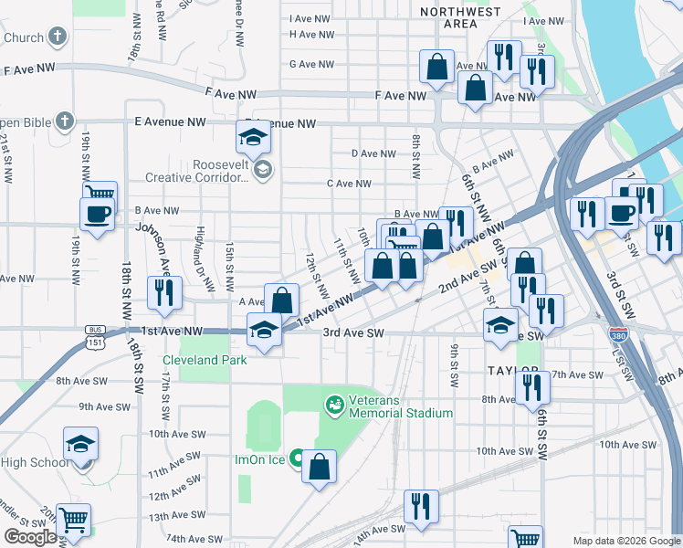 map of restaurants, bars, coffee shops, grocery stores, and more near 1021 A Avenue Northwest in Cedar Rapids