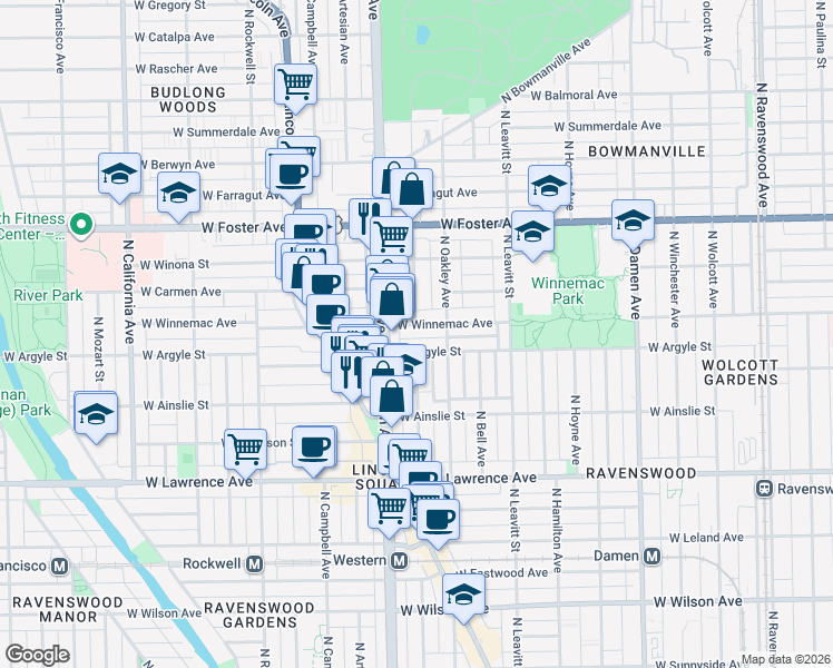 map of restaurants, bars, coffee shops, grocery stores, and more near 2327 West Winnemac Avenue in Chicago