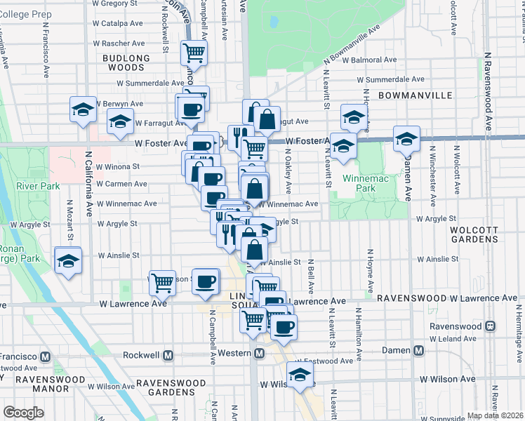 map of restaurants, bars, coffee shops, grocery stores, and more near 2351 West Winnemac Avenue in Chicago