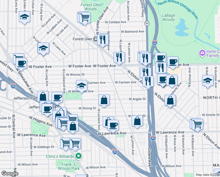 map of restaurants, bars, coffee shops, grocery stores, and more near 5001 West Carmen Avenue in Chicago