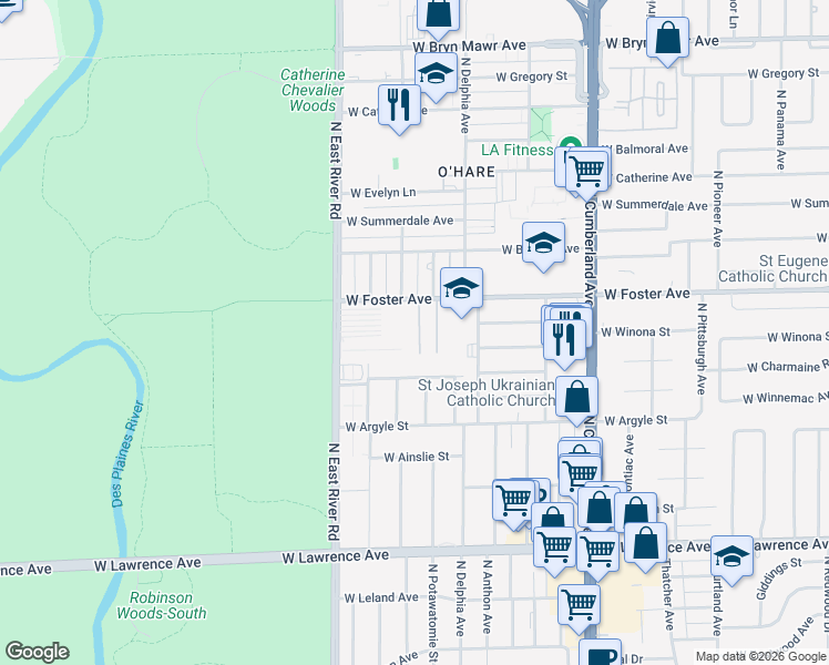 map of restaurants, bars, coffee shops, grocery stores, and more near 8639 1/2 West Foster Avenue in Chicago