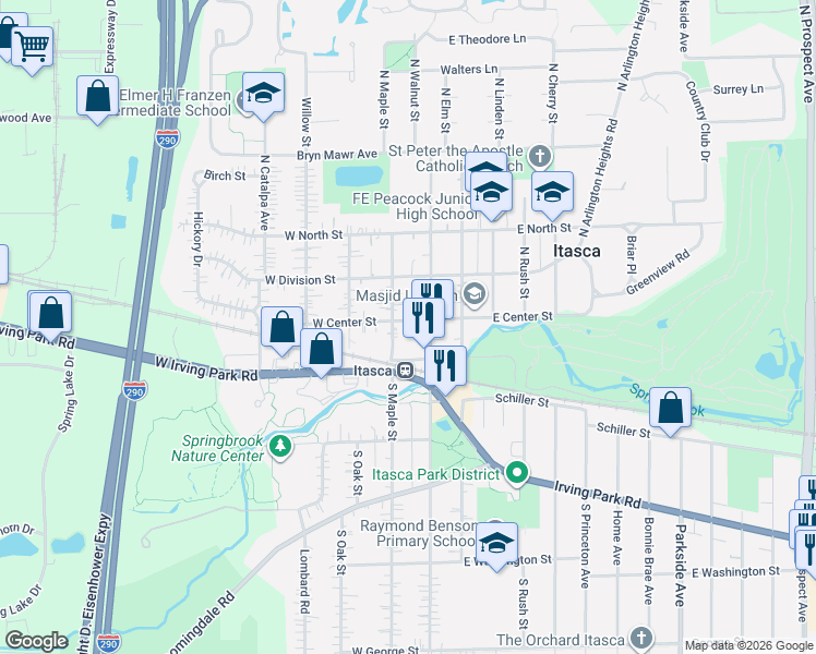 map of restaurants, bars, coffee shops, grocery stores, and more near 116 West Center Street in Itasca