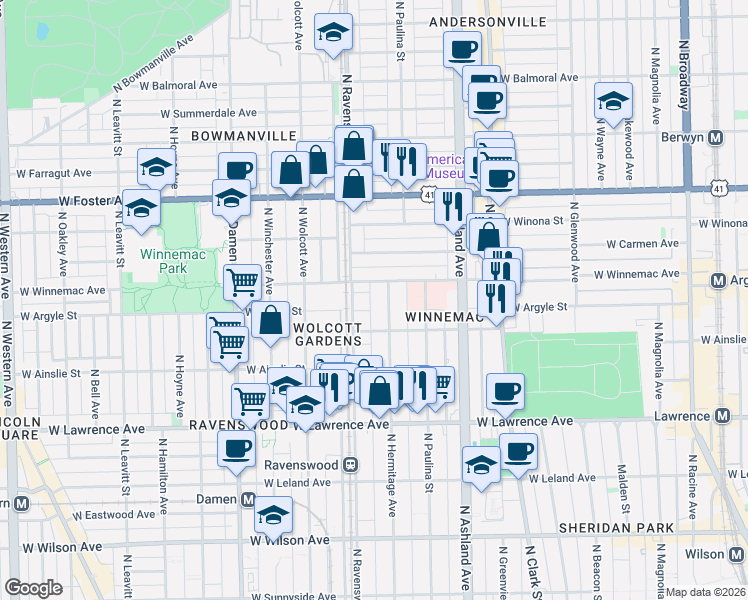 map of restaurants, bars, coffee shops, grocery stores, and more near 1763 West Winnemac Avenue in Chicago