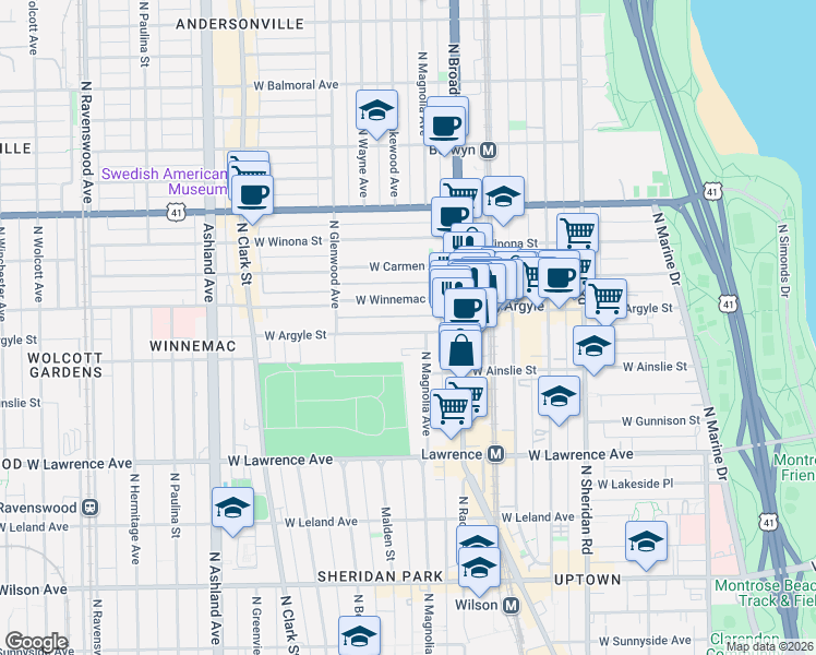 map of restaurants, bars, coffee shops, grocery stores, and more near 1242 West Argyle Street in Chicago