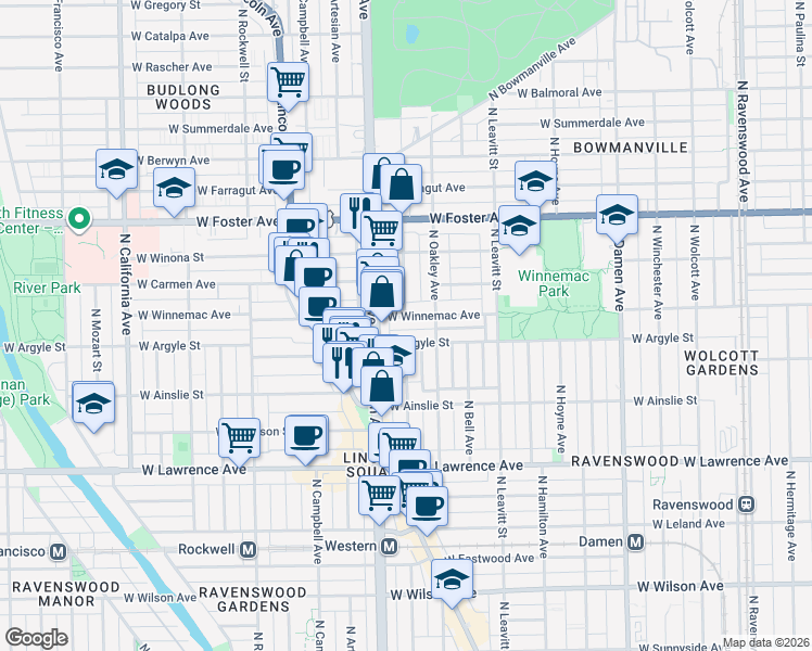 map of restaurants, bars, coffee shops, grocery stores, and more near 2351 West Winnemac Avenue in Chicago