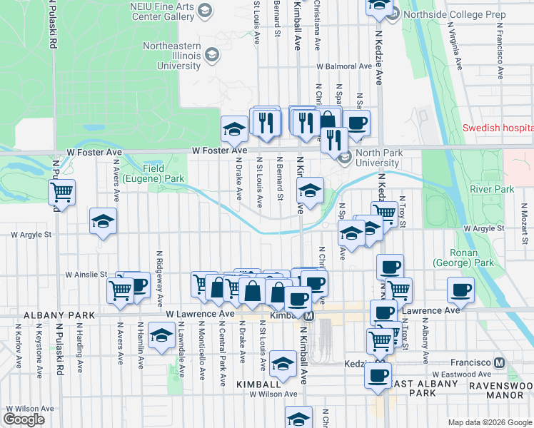 map of restaurants, bars, coffee shops, grocery stores, and more near 5033 North Saint Louis Avenue in Chicago