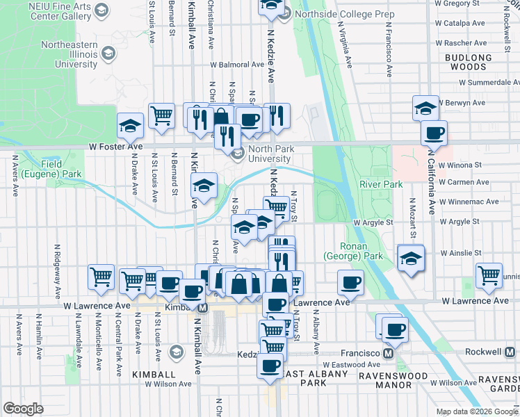 map of restaurants, bars, coffee shops, grocery stores, and more near 5031 North Sawyer Avenue in Chicago