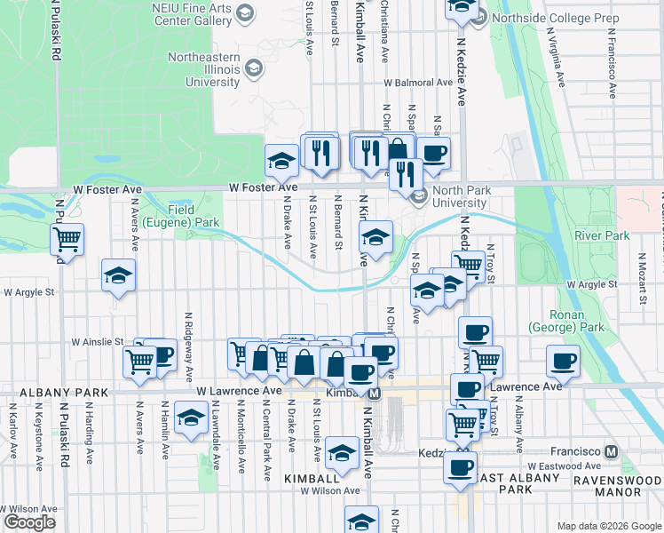 map of restaurants, bars, coffee shops, grocery stores, and more near 5033 North Saint Louis Avenue in Chicago