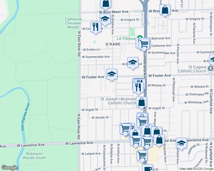 map of restaurants, bars, coffee shops, grocery stores, and more near 8639 1/2 West Foster Avenue in Chicago
