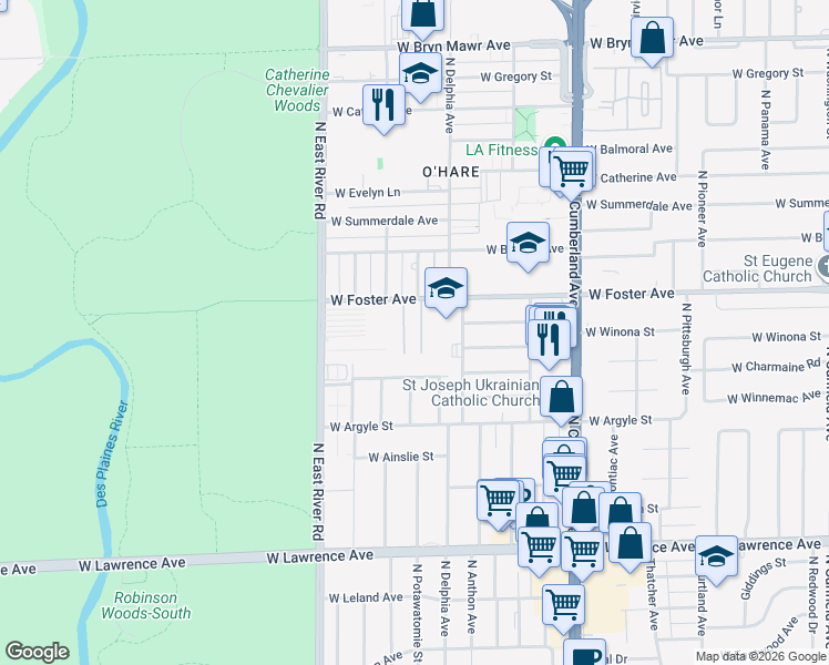 map of restaurants, bars, coffee shops, grocery stores, and more near 8639 1/2 West Foster Avenue in Chicago