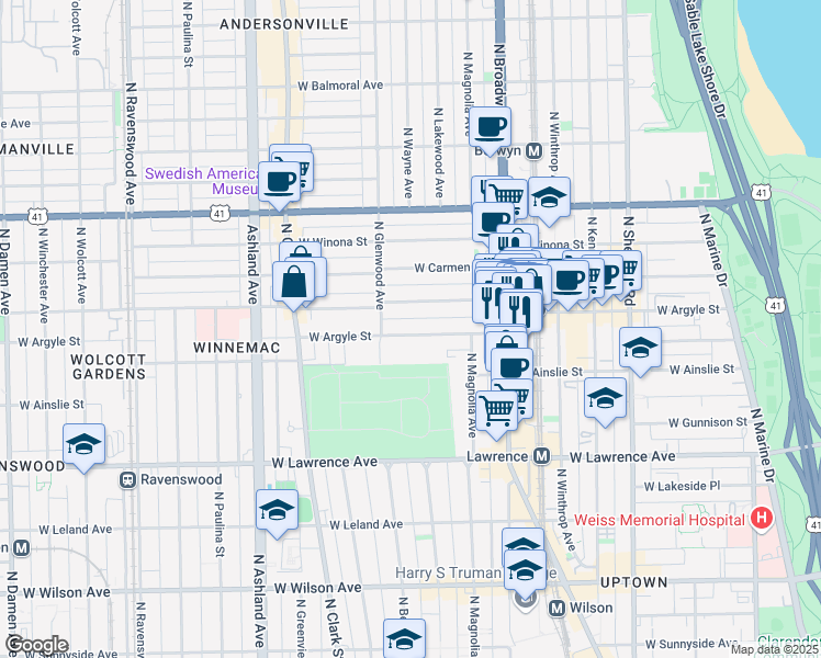 map of restaurants, bars, coffee shops, grocery stores, and more near 1318 West Argyle Street in Chicago