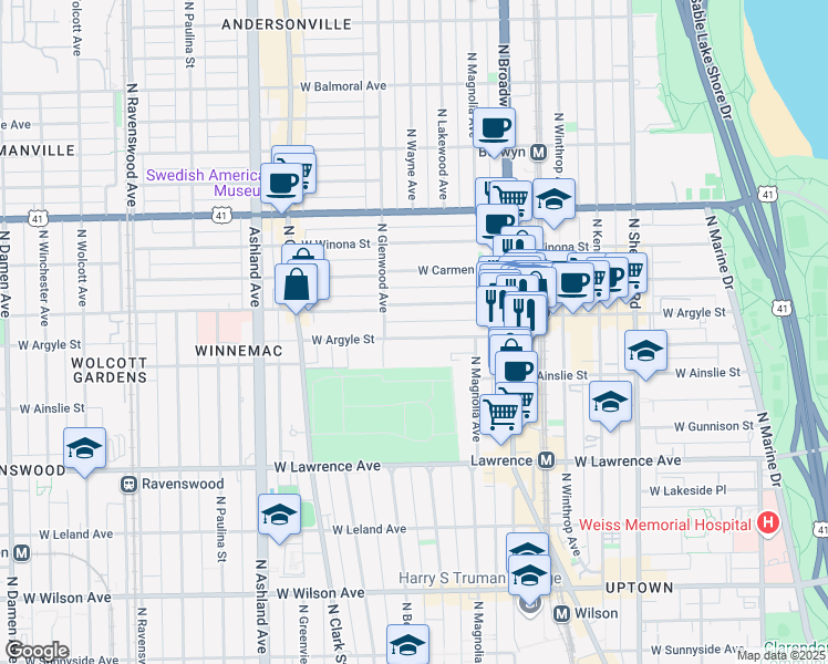 map of restaurants, bars, coffee shops, grocery stores, and more near 1330 West Argyle Street in Chicago