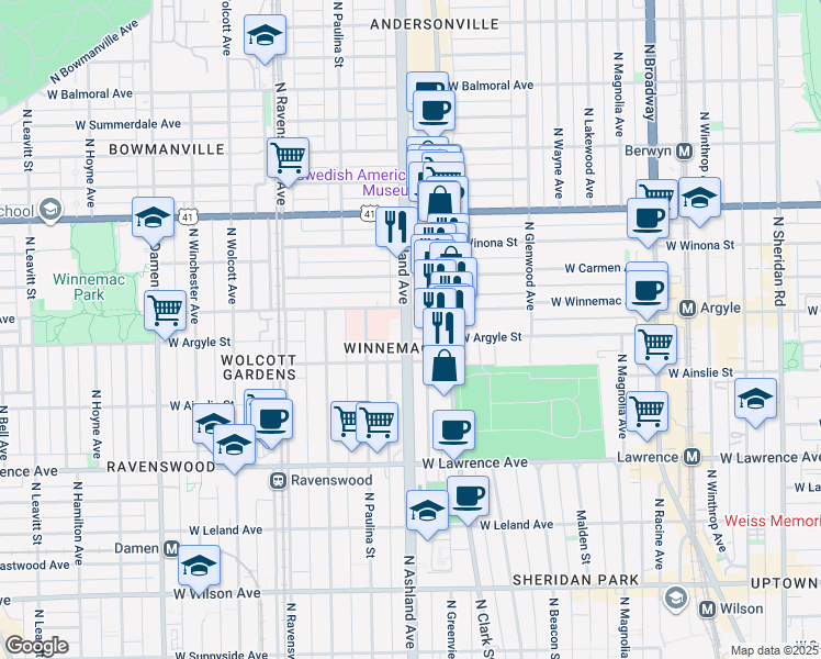 map of restaurants, bars, coffee shops, grocery stores, and more near 5019 North Ashland Avenue in Chicago