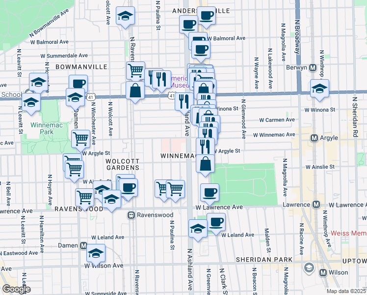 map of restaurants, bars, coffee shops, grocery stores, and more near 4921 North Paulina Street in Chicago