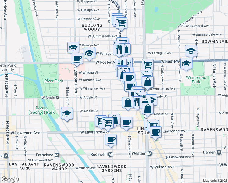 map of restaurants, bars, coffee shops, grocery stores, and more near 2540 West Winnemac Avenue in Chicago