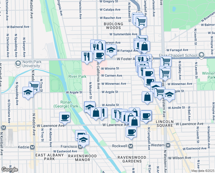 map of restaurants, bars, coffee shops, grocery stores, and more near 2725 West Winnemac Avenue in Chicago