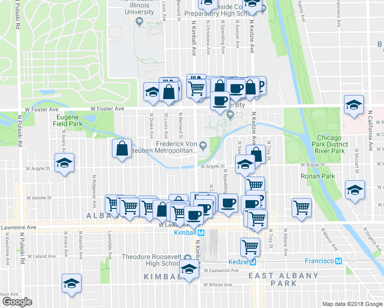 map of restaurants, bars, coffee shops, grocery stores, and more near 3410 West Carmen Avenue in Chicago