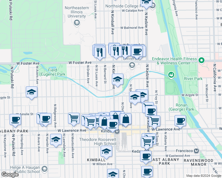 map of restaurants, bars, coffee shops, grocery stores, and more near 3410 West Carmen Avenue in Chicago