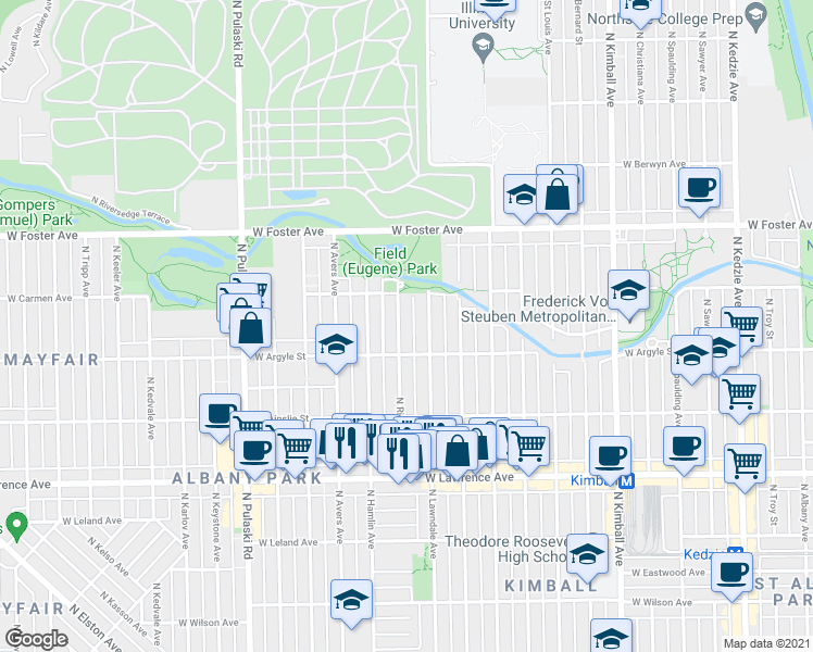 map of restaurants, bars, coffee shops, grocery stores, and more near 5033 North Ridgeway Avenue in Chicago