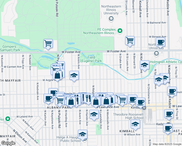 map of restaurants, bars, coffee shops, grocery stores, and more near 5037 North Hamlin Avenue in Chicago