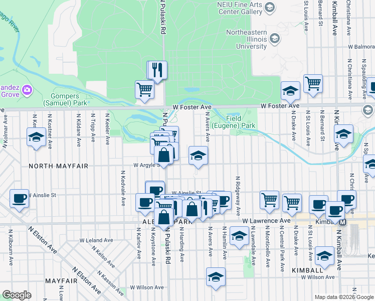 map of restaurants, bars, coffee shops, grocery stores, and more near 5034 North Springfield Avenue in Chicago