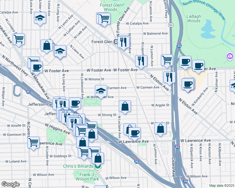 map of restaurants, bars, coffee shops, grocery stores, and more near 5119 West Carmen Avenue in Chicago