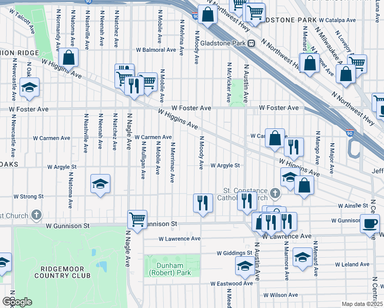 map of restaurants, bars, coffee shops, grocery stores, and more near 5031 North Melvina Avenue in Chicago