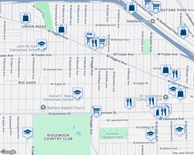 map of restaurants, bars, coffee shops, grocery stores, and more near 5029 North Nagle Avenue in Chicago