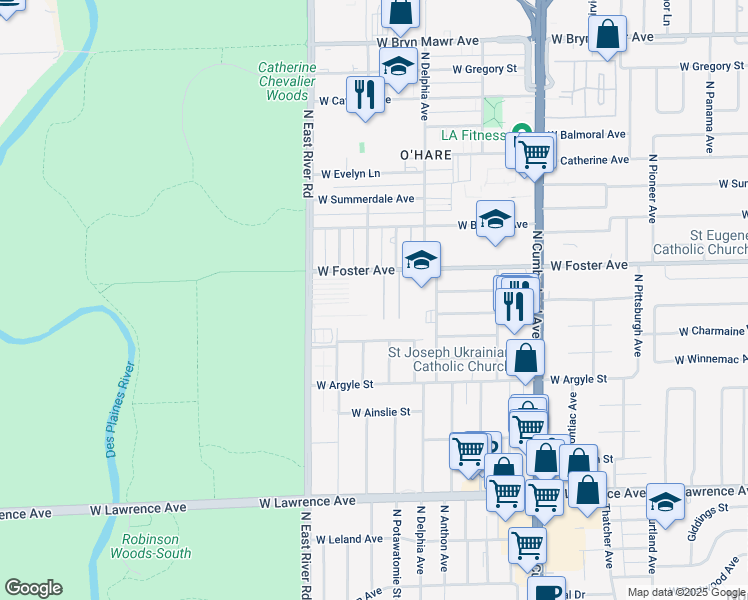 map of restaurants, bars, coffee shops, grocery stores, and more near 8639 West Foster Avenue in Chicago