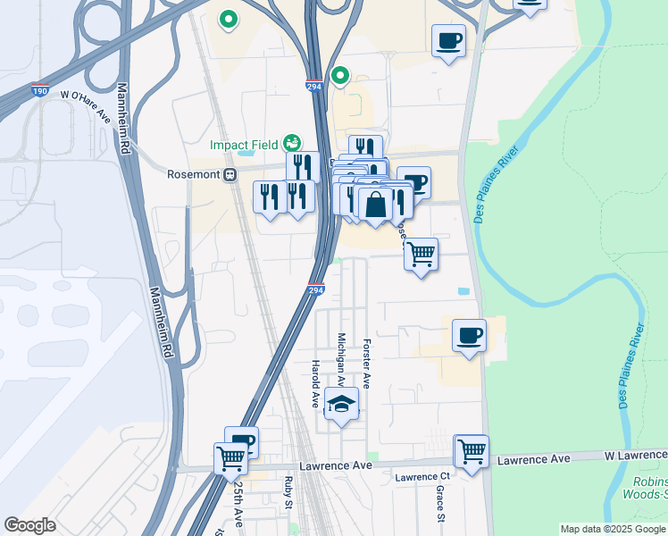 map of restaurants, bars, coffee shops, grocery stores, and more near 5153 Michigan Avenue in Schiller Park