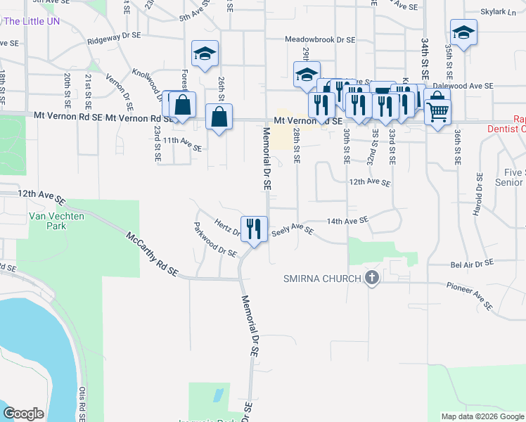 map of restaurants, bars, coffee shops, grocery stores, and more near 1235 Memorial Drive Southeast in Cedar Rapids