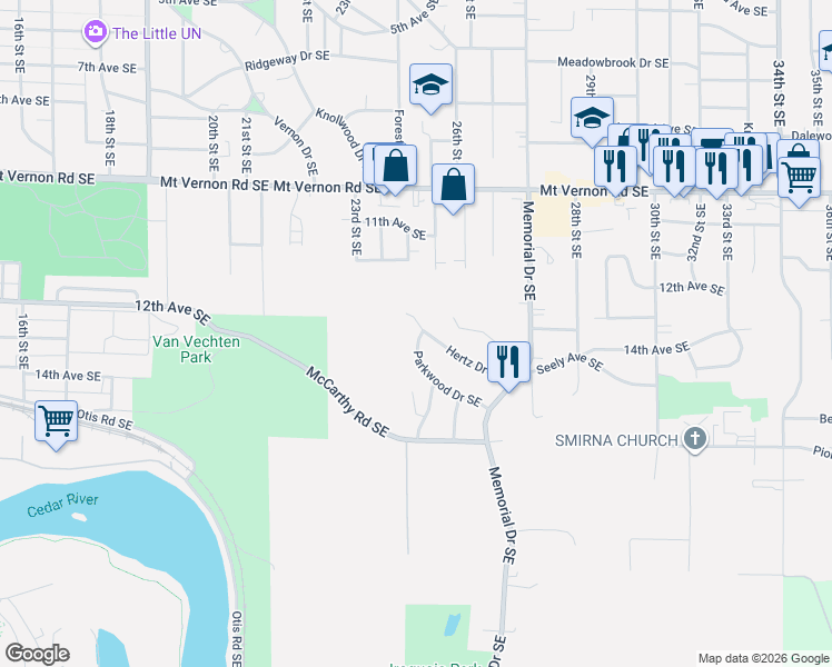 map of restaurants, bars, coffee shops, grocery stores, and more near 1228 Hertz Dr SE in Cedar Rapids
