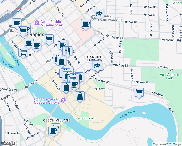 map of restaurants, bars, coffee shops, grocery stores, and more near 1113 7th Street Southeast in Cedar Rapids