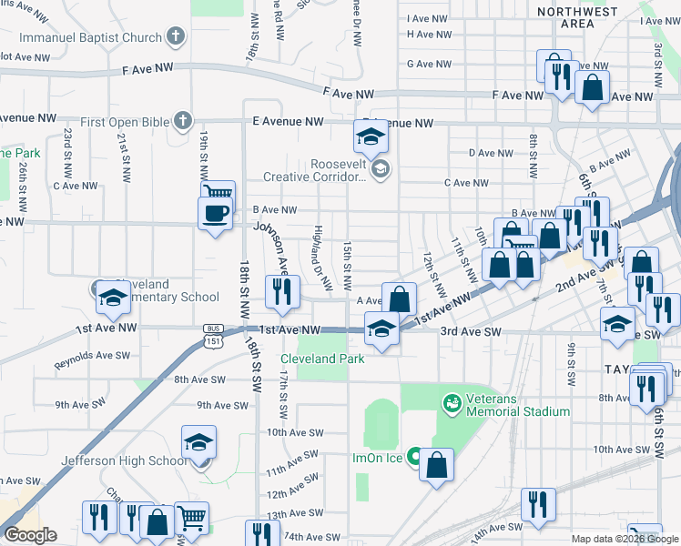 map of restaurants, bars, coffee shops, grocery stores, and more near 236-240 15th Street Northwest in Cedar Rapids